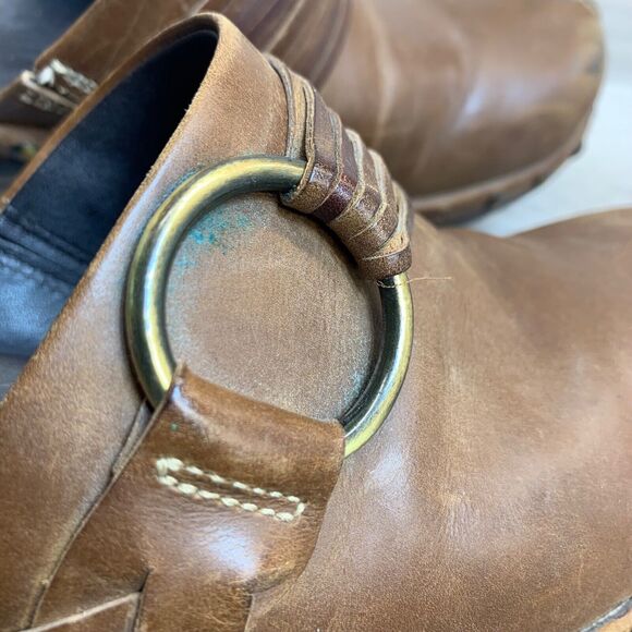 Ecco Leather Studded Slip On Size 6 EU 37 Mules Clogs Chunky Strap Boho Brown - Picture 13 of 14